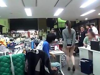 Asian in too short skirt ! even other girls are groping her ass at work !